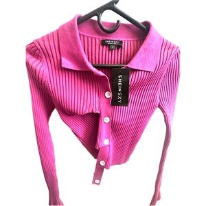 SHEIN Pink Ribbed Long Sleeve Button Down Shirt